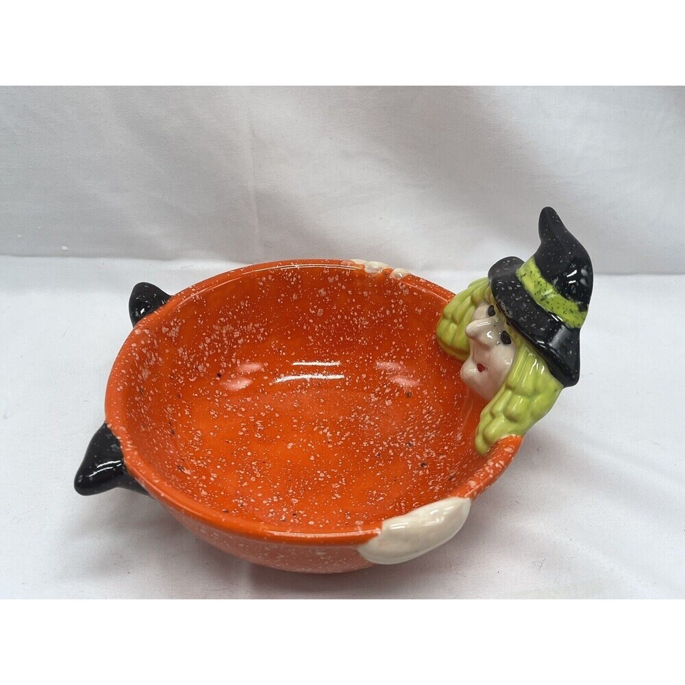 Cloe K Halloween Witch Candy Dish Bowl Ceramic Orange Green Black RARE - Picture 2 of 16